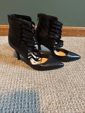 Nine West Women's Black Strappy Pointed-Toe Heeled Ankle Boot